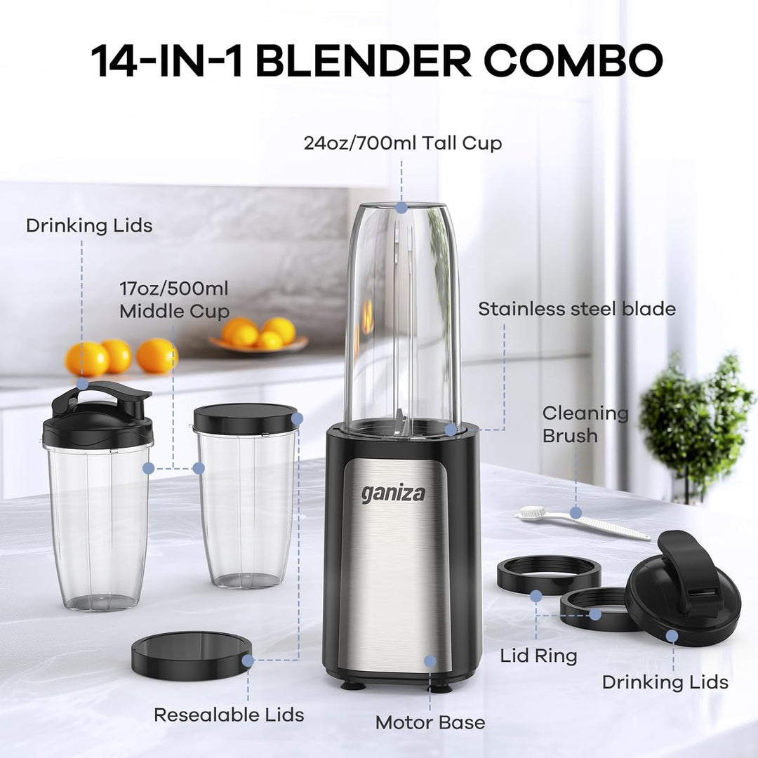 Ganiza Mixer, 900W Mini Smoothie Maker, Standmixer mit 3 Tragbare Mixbechern(2×500ml & 1×700ml), Vie