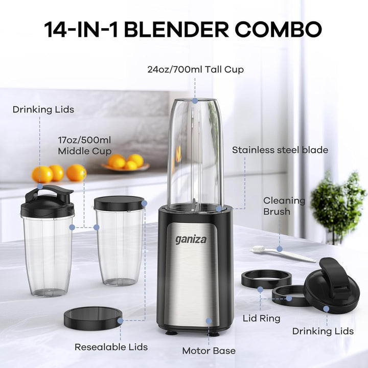 Ganiza Mixer, 900W Mini Smoothie Maker, Standmixer mit 3 Tragbare Mixbechern(2×500ml & 1×700ml), Vie