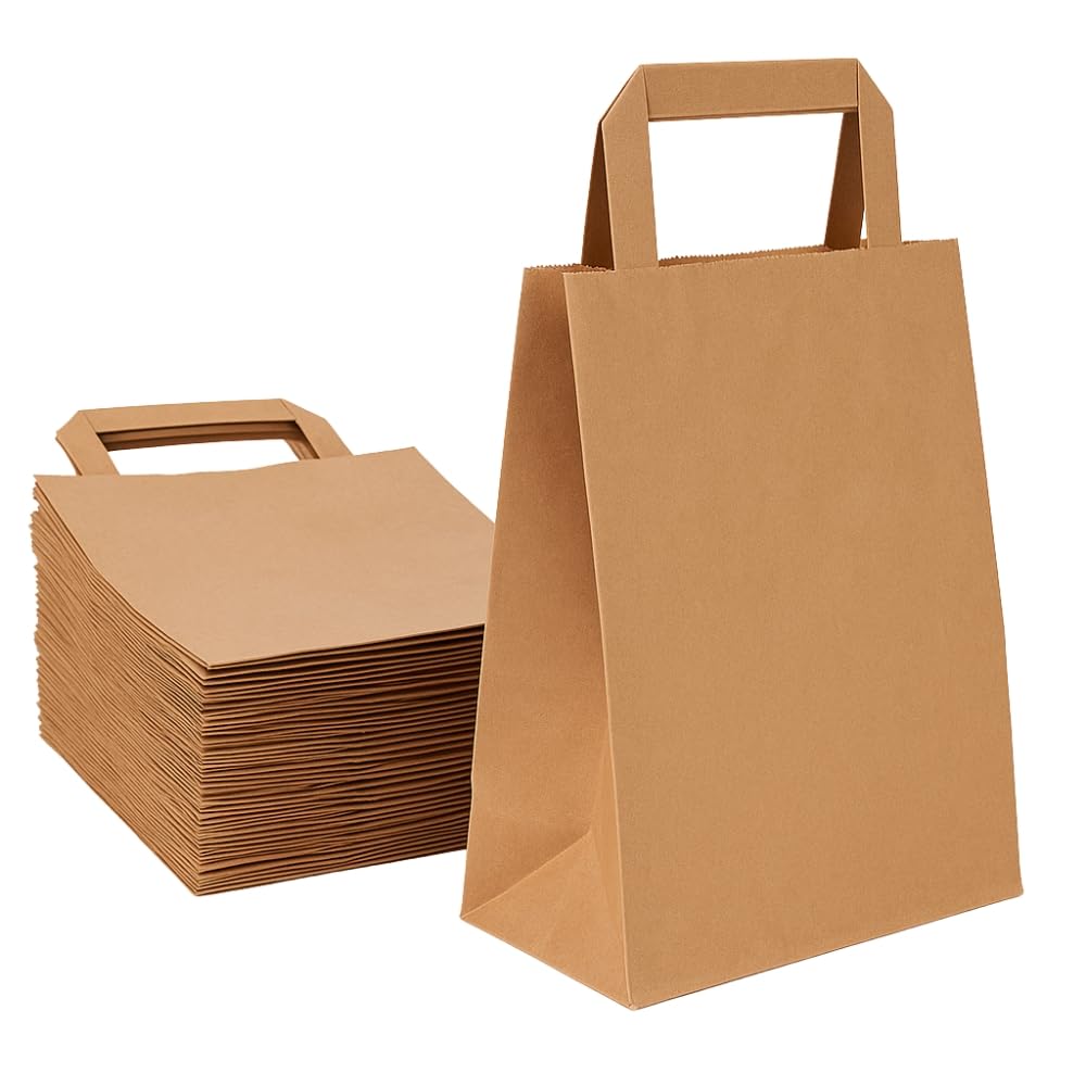 Commerline Papiertragetaschen 18+8x22cm 250 Stück | Braun Papiertüten | Kraftpapier Tüten mit Henkel