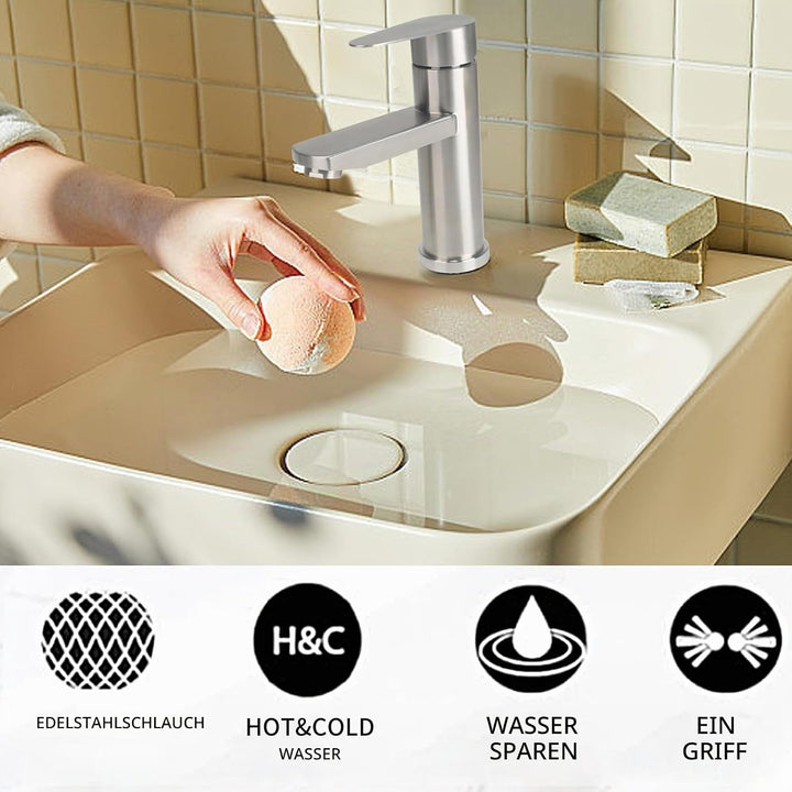 Edelstahl Waschtischarmaturen Bleifreier, Wasserhahn Bad mit Schlauch, Einhebelmischer Waschbeckenar