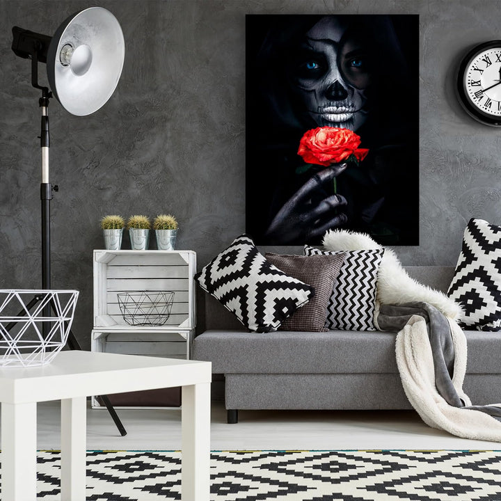 wandmotiv24 Leinwandbild Models, 100x75cm, Hochformat, Frau, Rose, Totenkopf, Deko, Bilder auf Leinw