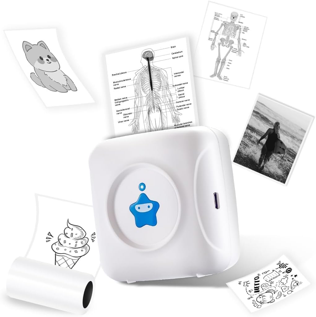 vretti TP2-Y Mini-Thermodrucker im Taschenformat, kompatibel mit Android & iOS mit 1 Etikettenrollen