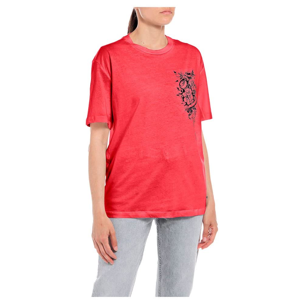 Replay Damen T-Shirt Kurzarm mit Schlangen Print M Cherry 353, M Cherry 353
