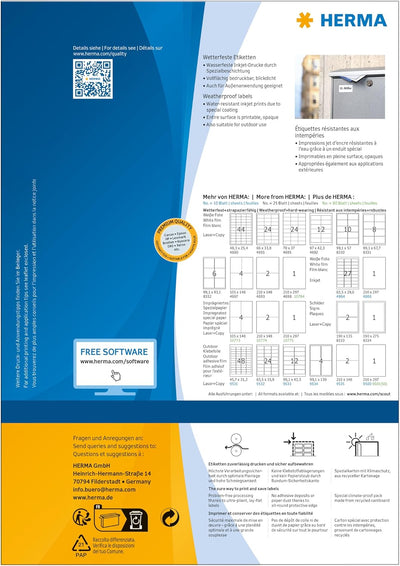 HERMA 4601 Wetterfeste Folienetiketten für Inkjet Drucker, 40 Blatt, 210 x 148 mm, 2 Stück pro A4 Bo