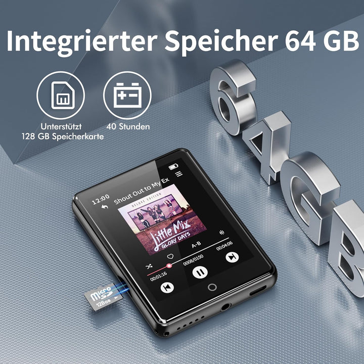 64GB MP3 Player Bluetooth 5.3, tragbarer Touchscreen Music mp3-Player für Kinder mit Lautsprecher, S