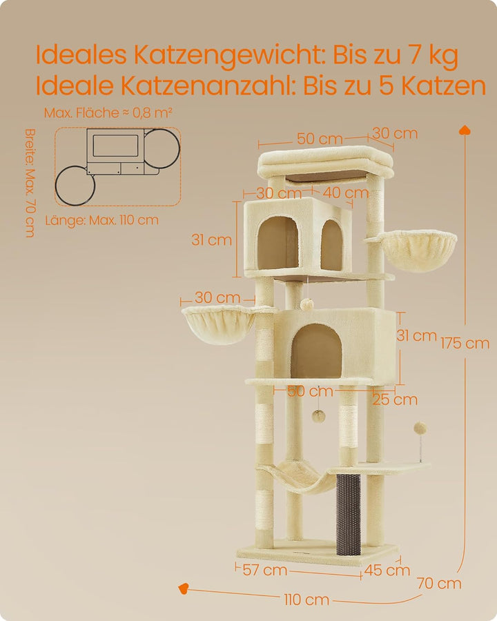 Feandrea Kratzbaum, 175 cm hoch, XL, mehrstöckiger Katzenbaum mit 2 Höhlen, 2 Liegemulden, 5 Kratzsä