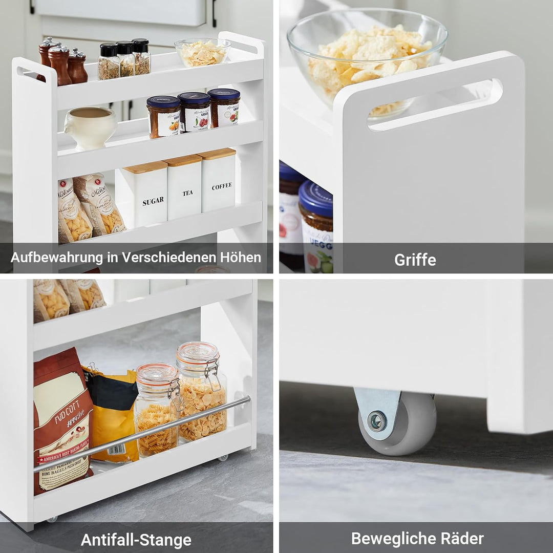 SoBuy® NSR01-W Nischenregal mit 4 Etagen Küchenregal mit Rollen Badrollwagen Ordnungswagen Rollwagen