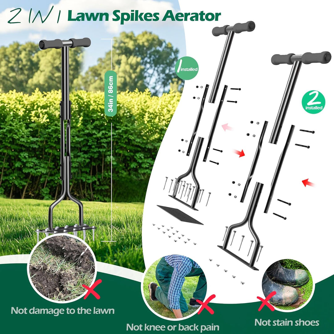 SUNEOWALY Rasenlüfter, Aerifizierer für Rasen, 2-in-1 Rasenbelüfter Rasenspecht für Verdichtete Böde