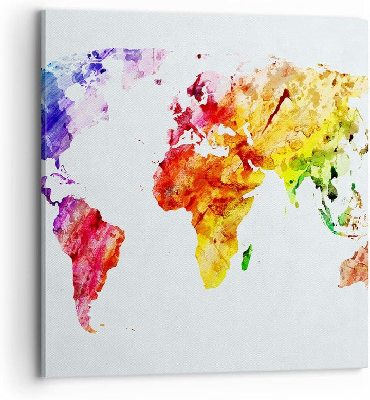Bilder auf Leinwand 70x70cm Leinwandbild Welt Karte Bunt Kontinente Gross Wanddeko Bild Schlafzimmer