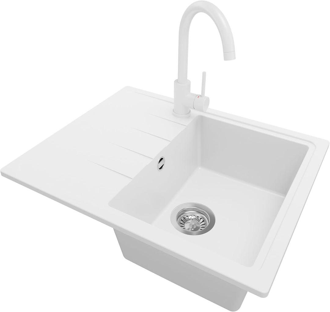Spülbecken Weiss 62x50 cm, Granitspüle + Ablauf-Set + Küchenarmatur 5000, Küchenspüle für 40er Unter