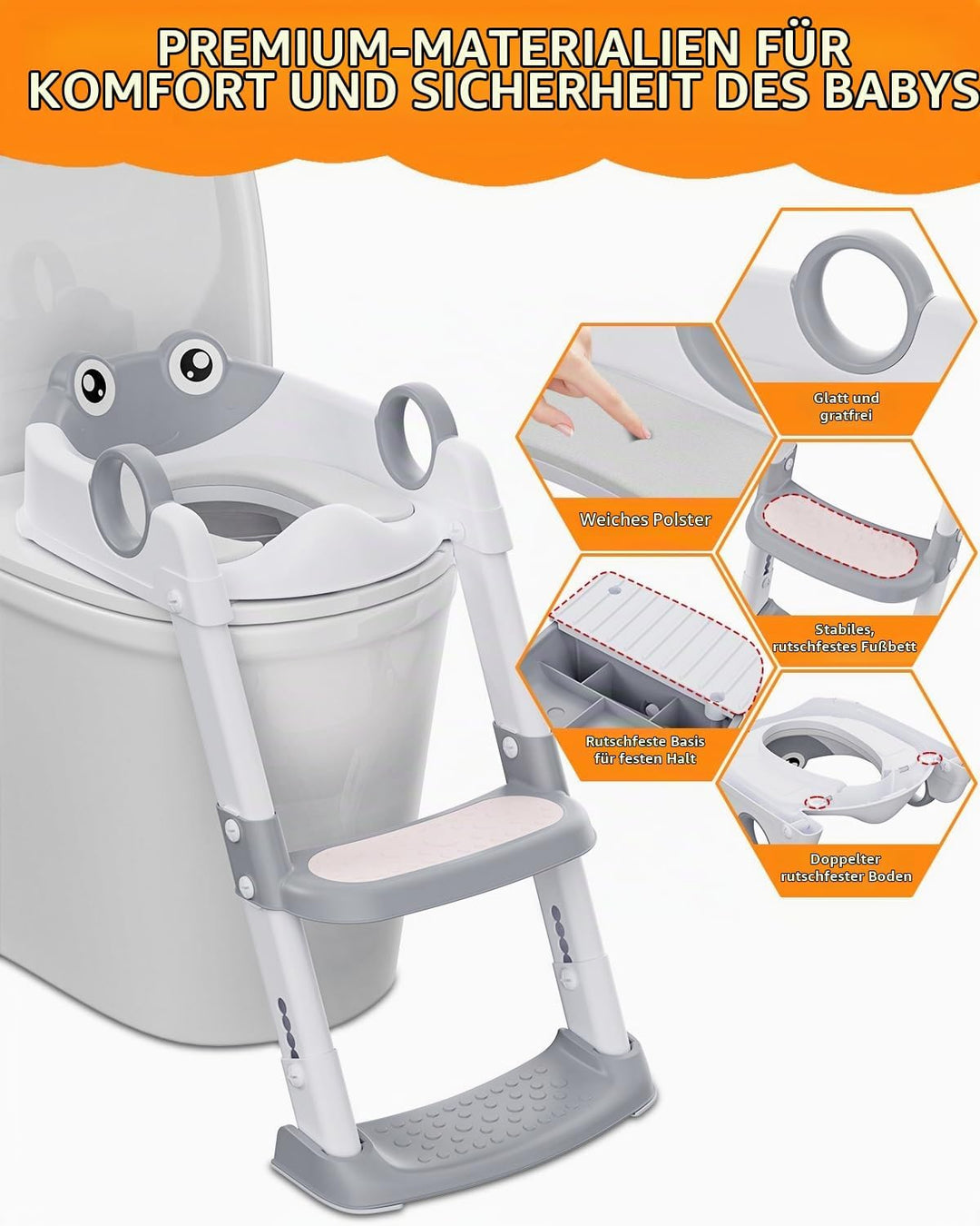 Toilettensitz Kinder mit Treppe, WC Sitz Kinder für Jungen und Mädchen, Höhenverstellbar und Klappba