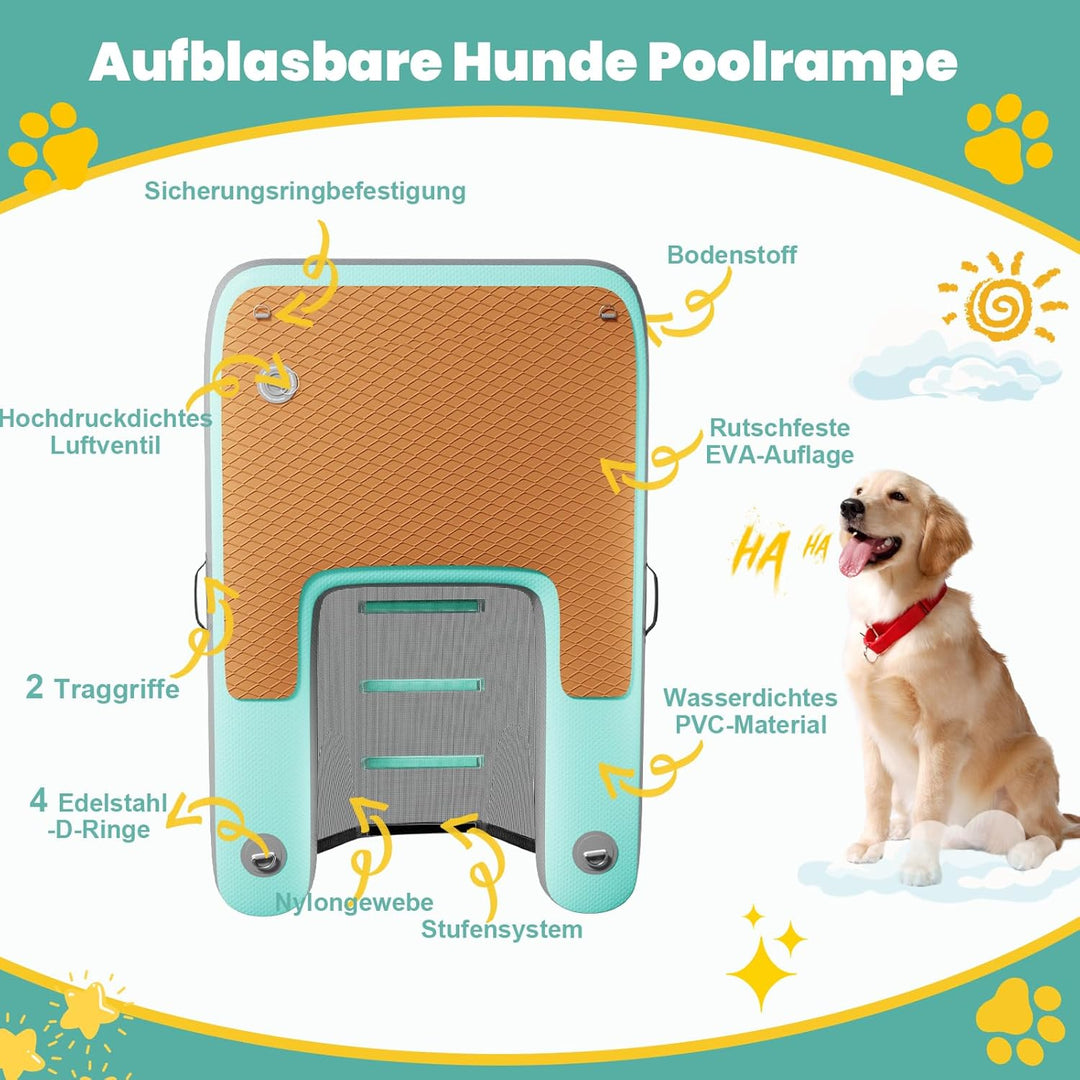 Hunderampe 150 x 100cm, Aufblasbar Hunde Wasserrampe, Reissfest und Langlebig, Aufblasbare Dog Ramp