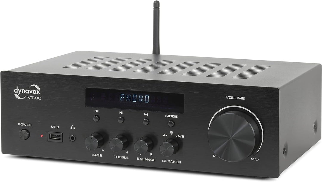 Dynavox Stereo Kompakt-Verstärker VT-90, schraubbare Anschluss-Terminals für 4 Lautsprecher, Fernbed