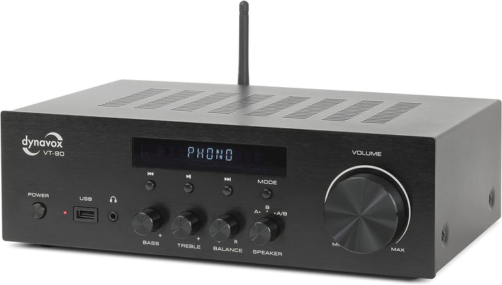 Dynavox Stereo Kompakt-Verstärker VT-90, schraubbare Anschluss-Terminals für 4 Lautsprecher, Fernbed