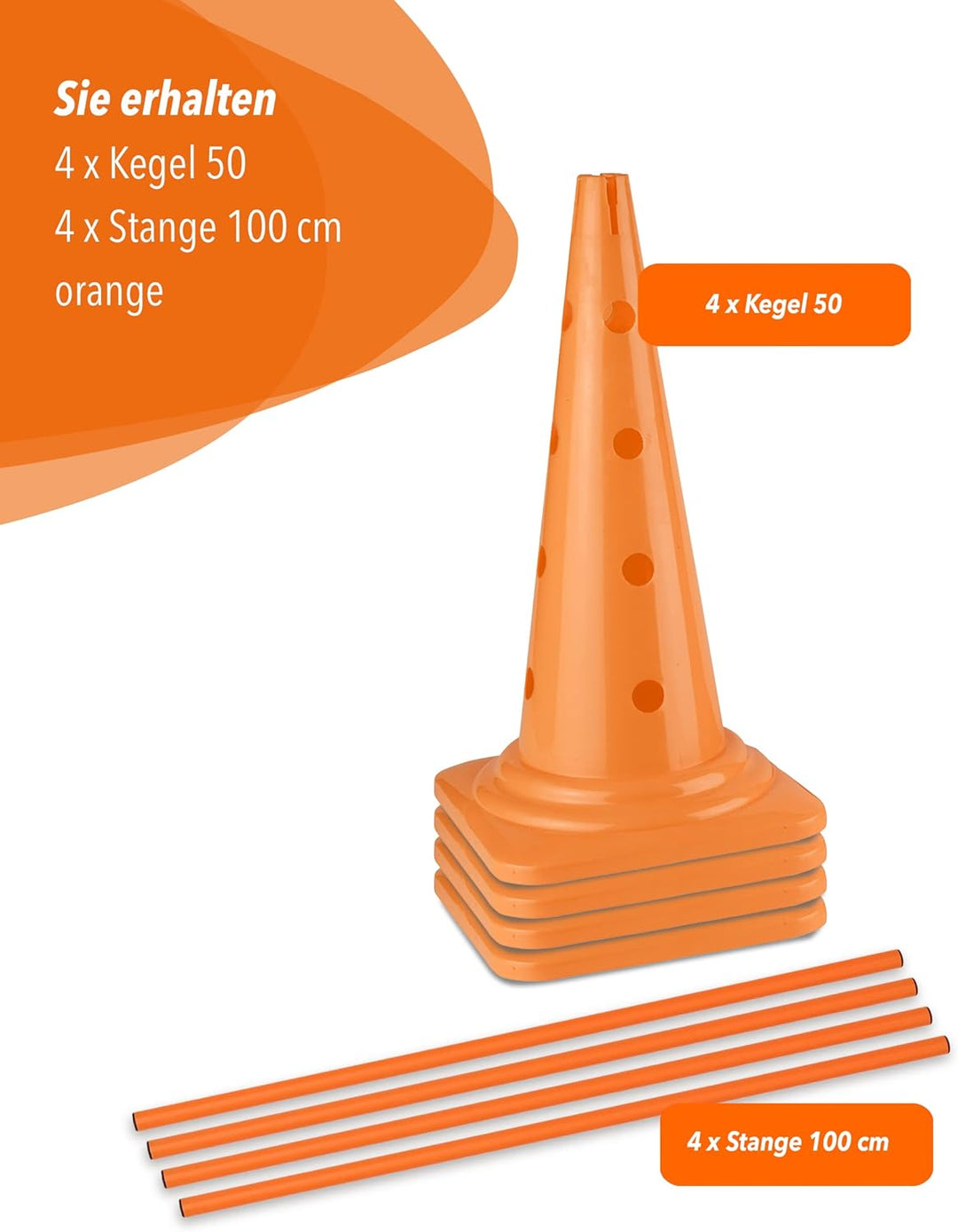 Kombi-Kegel 50 mit Stange 100 cm – 4er Set – Pylone mit Slalomstange – für Slalom-Parcours – Agility