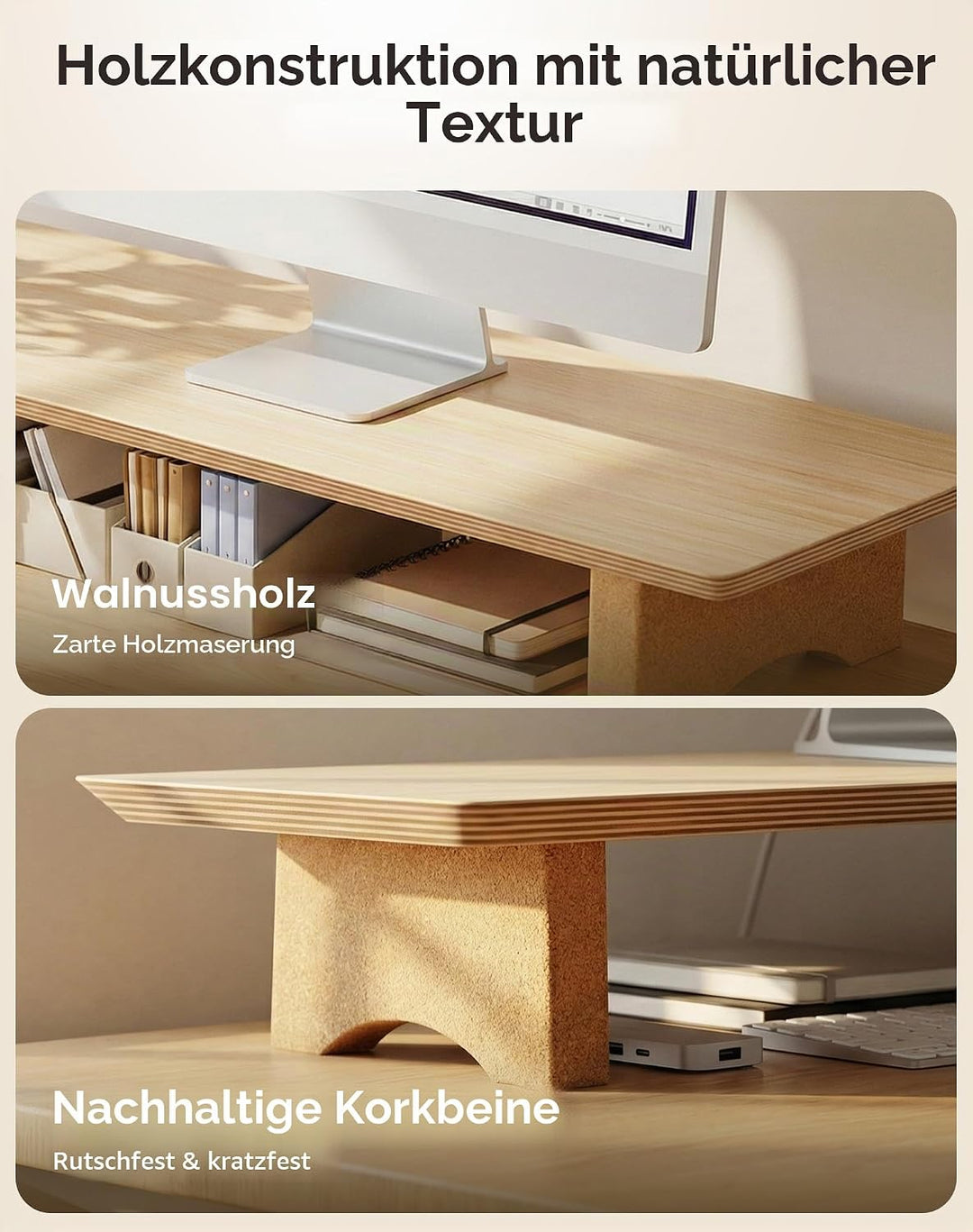 Aothia Grosser Monitor-Ständer für Computerbildschirme,Holz-Riser mit nachhaltigen Korkblockbeinen f