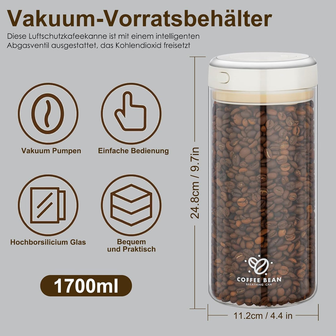 1700 ml/60oz Kaffeedose Behälter,Borosilikatglas-Kaffeebohnen Aufbewahrungsbehälter mit Einweg-CO2-V