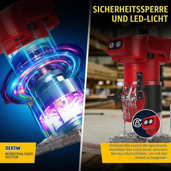 Akku Oberfräse kompatibel mit Milwaukee 18V-Akku (ohne Akku), 800 W bürstenloser Holztrimmer mit 100