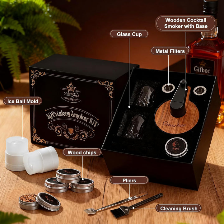 Whiskey-Smoker-Set mit integriertem Feuerzeug, 6 Sorten Holzspäne, 2 Gläser, 2 Eisballformen, Cockta