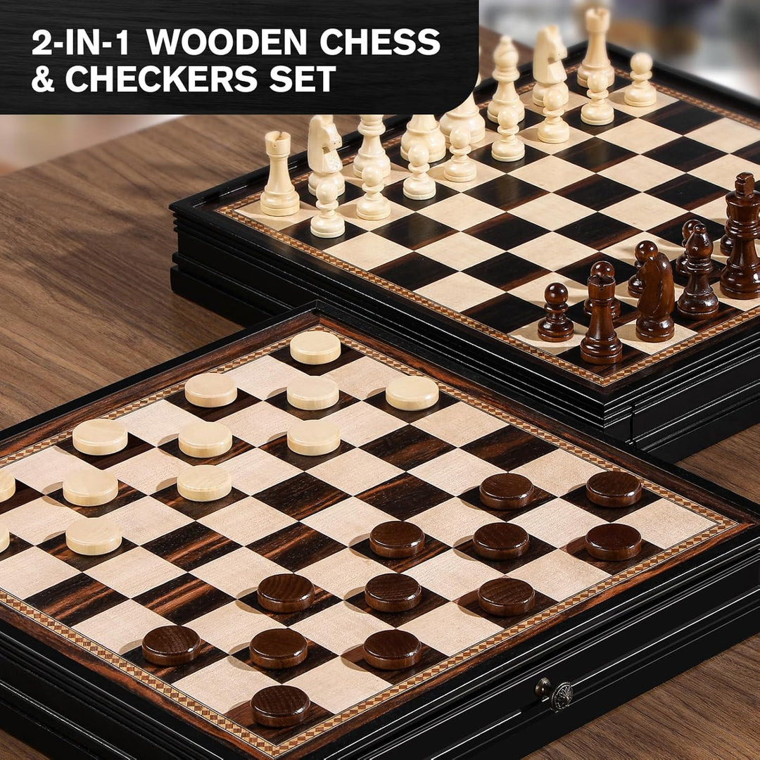 Peradix Schach Dame Spiel 2 in 1 Magnetisch Schachspiel aus Holz, 38 cm Schachbrett mit Aufbewahrung