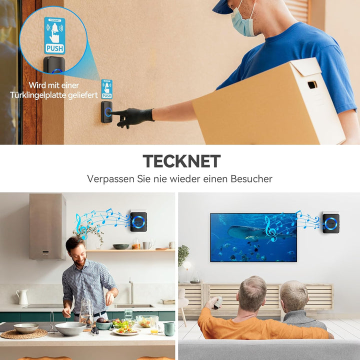TECKNET Funkklingel, IP65 Funk klingel Set Aussen Wasserdicht, Kabellose Türklingel 600m Reichweite,
