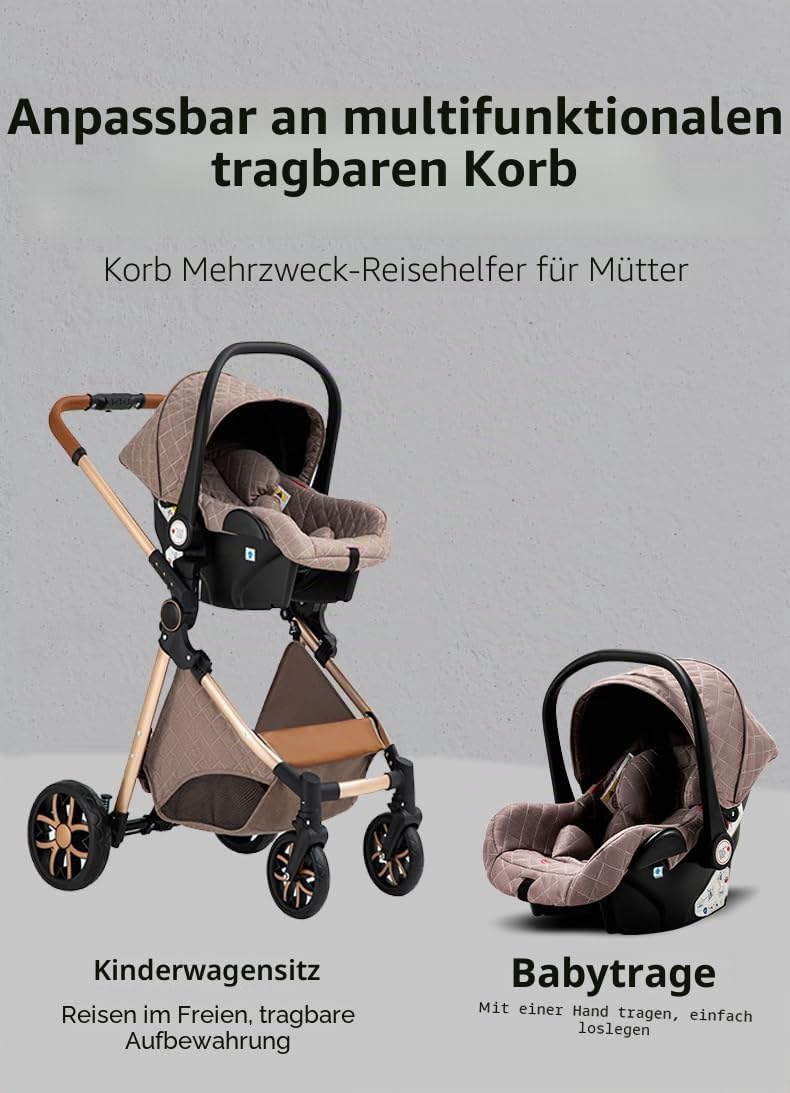 YAZOCO kinderwagen 3 in 1 Buggy Babybett Komplett Set Einem Klick Zusammenklappbarer Kinderwagen, Ko