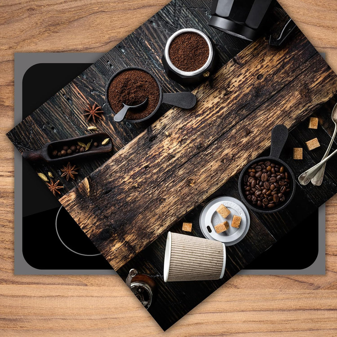 SmartDecoration Herdabdeckplatte Ceranfeldabdeckung aus Glas 60x52 cm Einteilig Motiv "Kaffee" Holzf