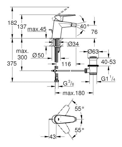 GROHE Eurodisc Cosmopolitan Bidetarmatur, Zugstange, Kugelgelenk-Auslauf 33244002, Silber Hebel Smal