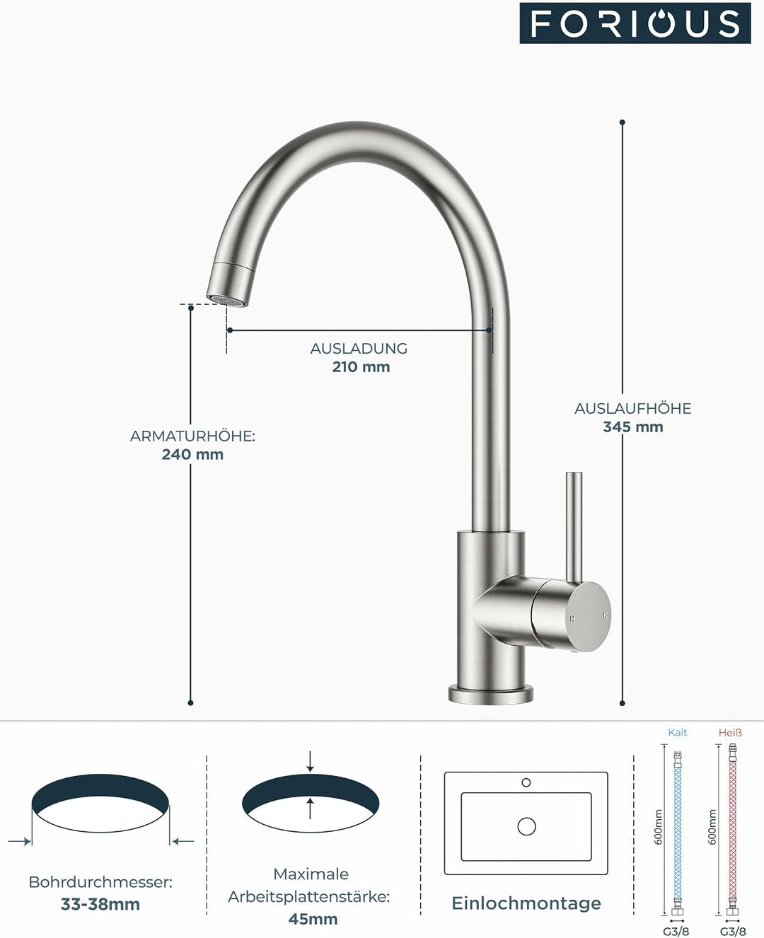 FORIOUS Küchenarmatur, Wasserhahn Küche Mischbatterie, 360° Schwenkbar, Heiss und Kaltwasserregelung