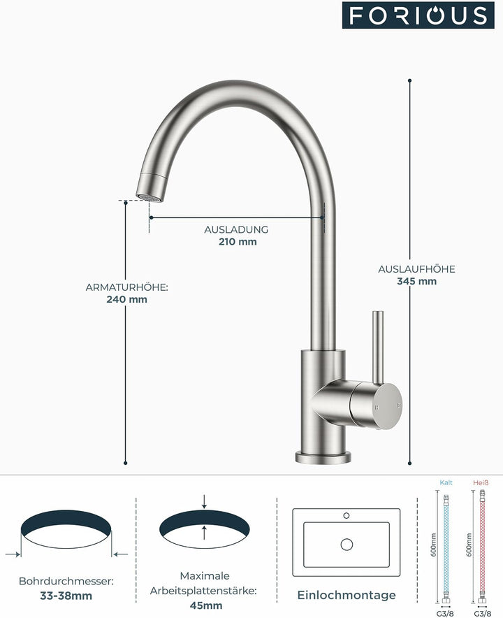 FORIOUS Küchenarmatur, Wasserhahn Küche Mischbatterie, 360° Schwenkbar, Heiss und Kaltwasserregelung