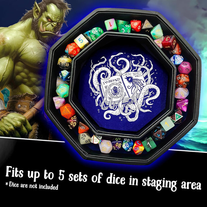 Fantasydice - Thulhu Tome Blue - Würfeltablett - 20,3 cm achteckig mit Deckel und Würfelfel-Bereich