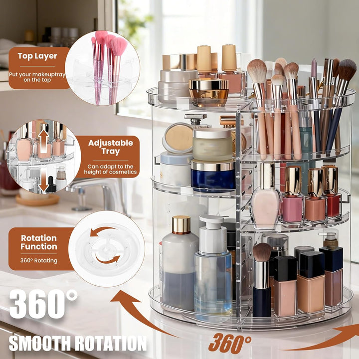 Make Up Kosmetik Organizer 360° Drehbar aus Kunststoff, Transparente Aufbewahrung für Schminktisch m