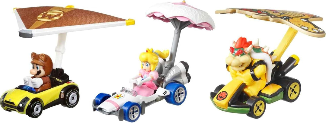 Hot Wheels HDB39 - Super Mario Kart Glider 3er-Pack, 3 Spielzeugautos im Massstab 1:64, mit drehbare