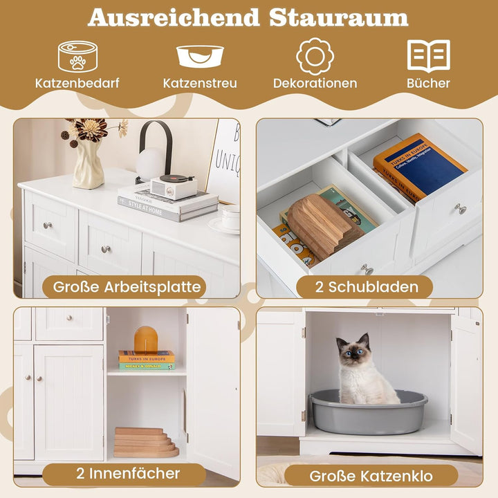 COSTWAY Katzenschrank für Katzentoilette, Katzenklo Schrank mit 2 Schubladen, 3 Türen & Eingang, Kat