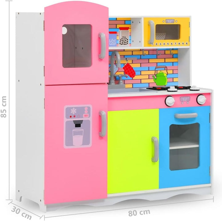 Kinderspielküche MDF 80 x 30 x 85 cm Mehrfarbig mit Kühlschrank, Kochgeschirr, Zubehör und Stauraum