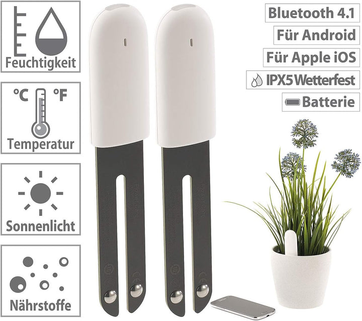Royal Gardineer Zubehör zu Plant Sensor: 2er-Set 4in1-Pflanzensensoren mit Bluetooth und App-Kontrol