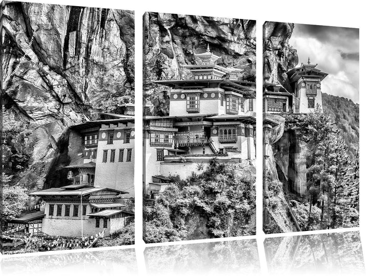 Pixxprint Monocrome, Chinesische Festung im Berg 3-Teiler Leinwandbild 120x80 Bild auf Leinwand