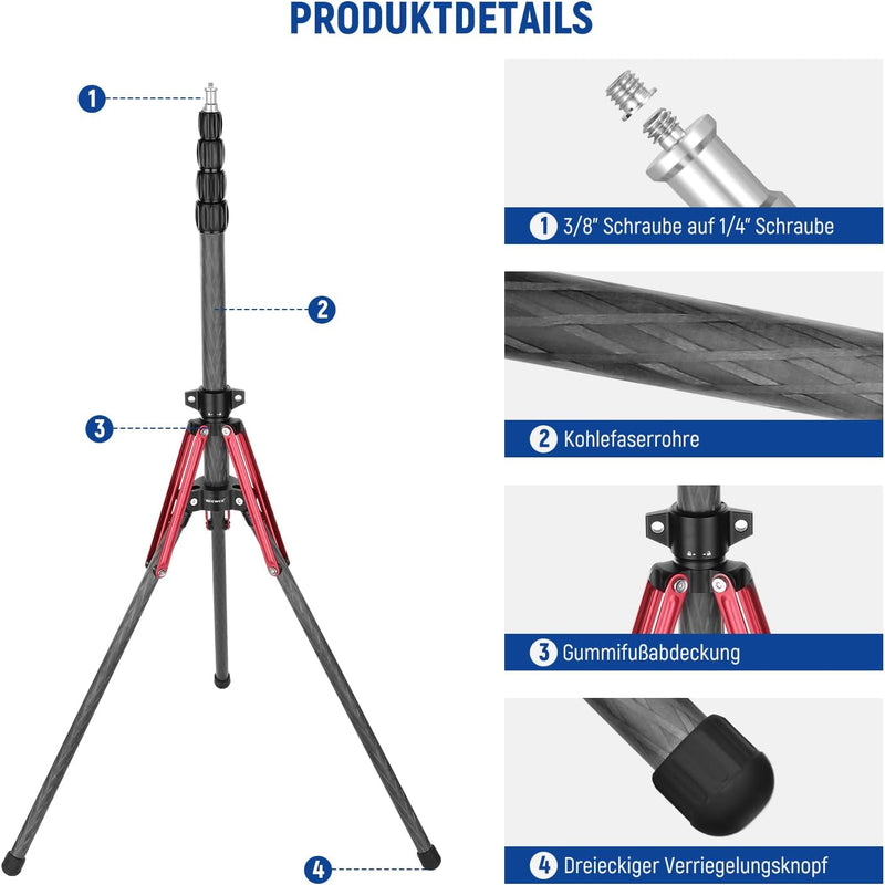 NEEWER Light Stand Carbon Fiber mit 180° umkehrbaren Beinen, 1/4" auf 3/8" Schraubenadapter und Tasc