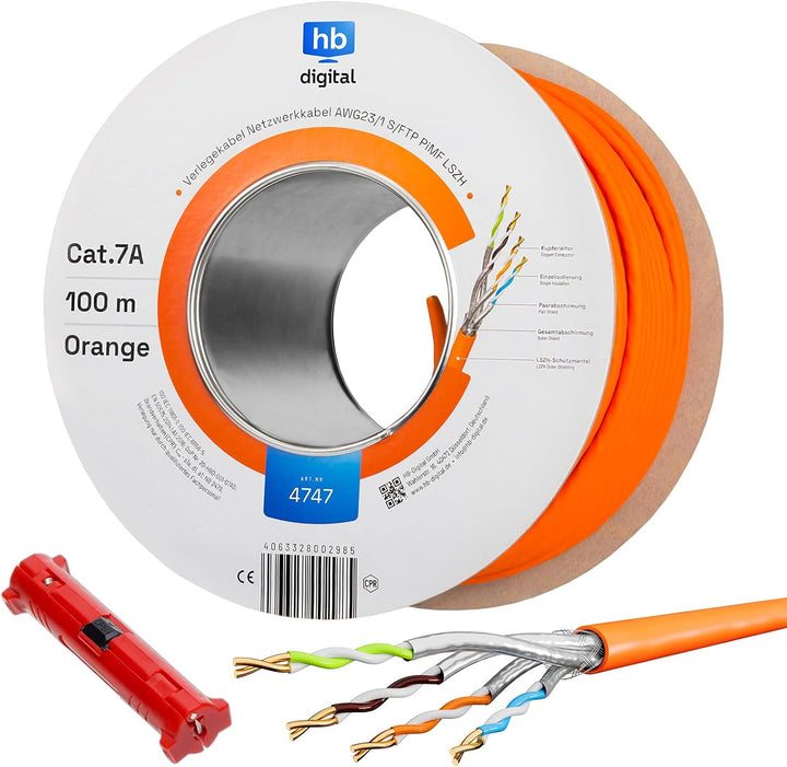 HB-DIGITAL 100m CAT.7a Netzwerkkabel Orange Verlegekabel Ethernet LAN AWG23 Reines Kupfer S/FTP PiMF