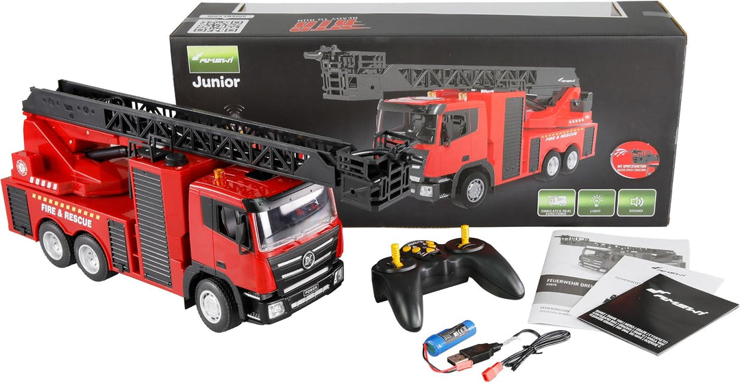 Amewi Feuerwehr Drehleiterfahrzeug 1:18 RTR ferngesteuert RC Kinder 8 Jahre, Rot