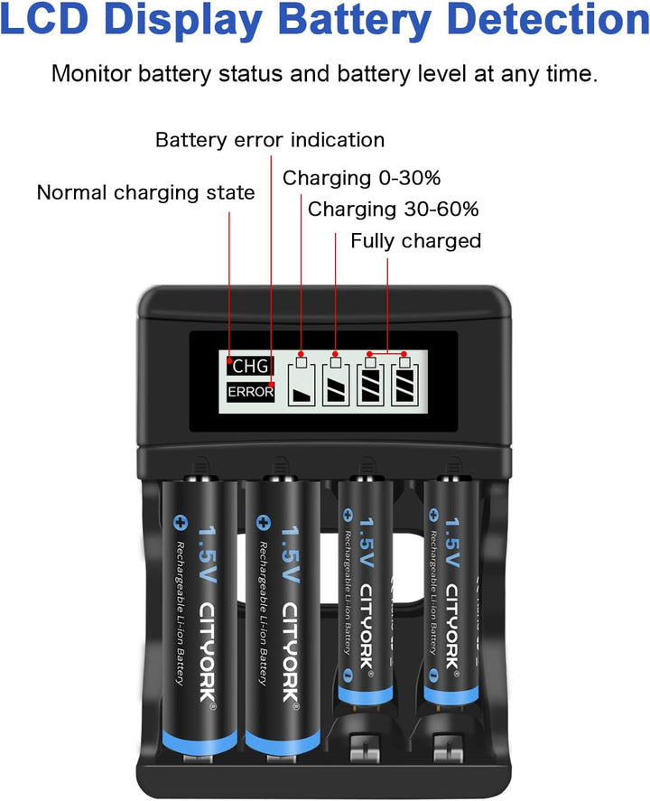 CITYORK Akku AA AAA Wiederaufladbare Li-ion Batterien mit 4 Stücke 1.5V 3000mWh AA Lithium Akku und