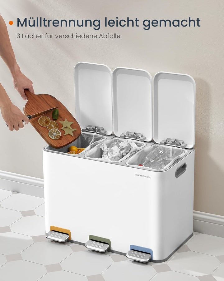 SONGMICS HOME Mülleimer Küche, 3 x 15 L Fächer, Abfalleimer mit farbcodierbaren Pedalen, Mülltrennsy
