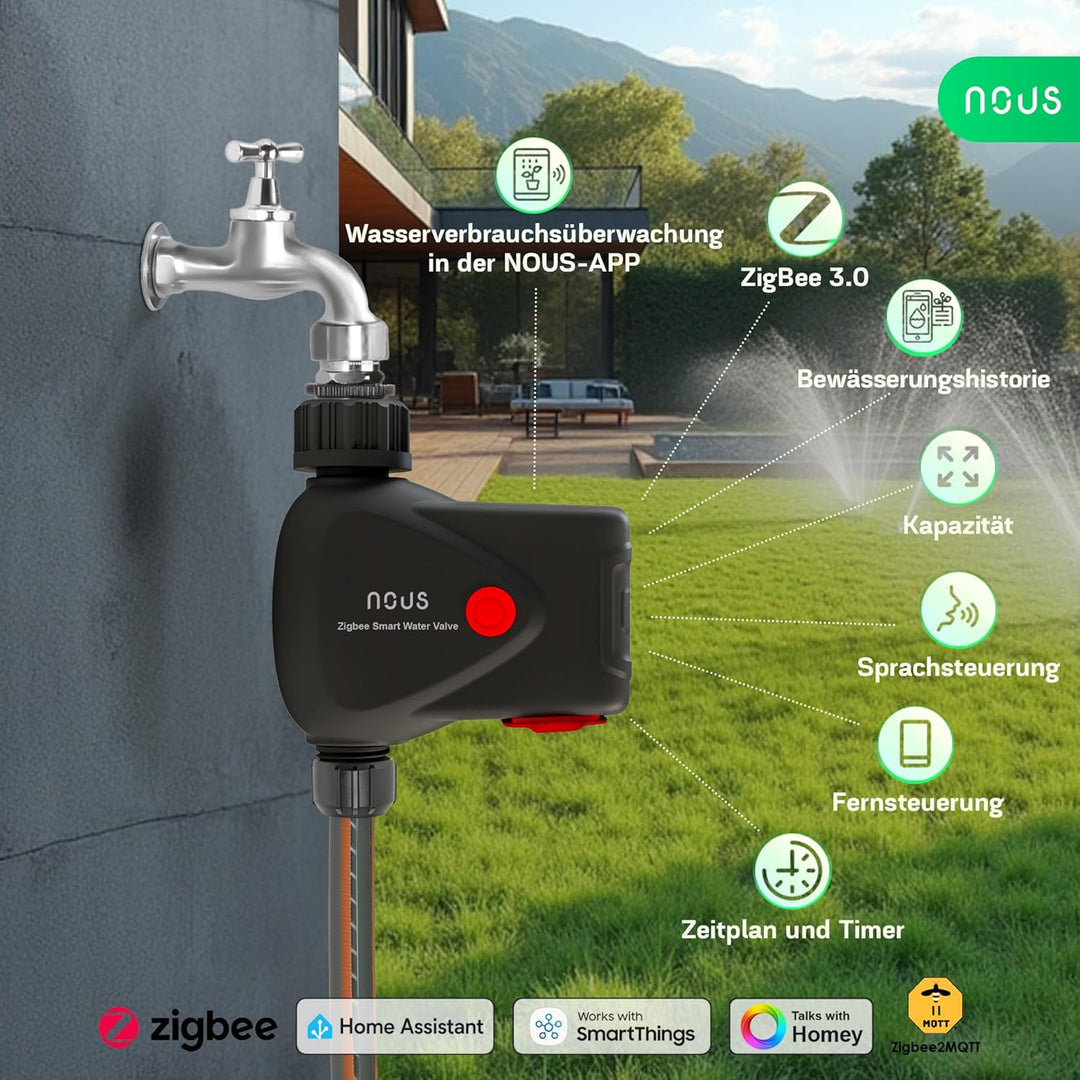 NOUS ZigBee Smart Wasserhahn-Ventil, Bewässerungssteuerung IP66, Kompatibel mit Alexa, Google Assist