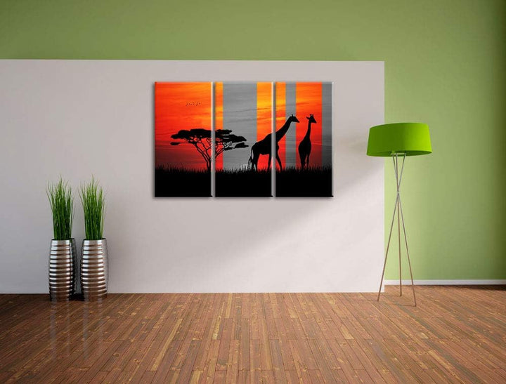 Afrika Giraffen im Sonnenuntergang schwarz/weiss 3-Teiler Leinwandbild 120x80 Bild auf Leinwand, XXL