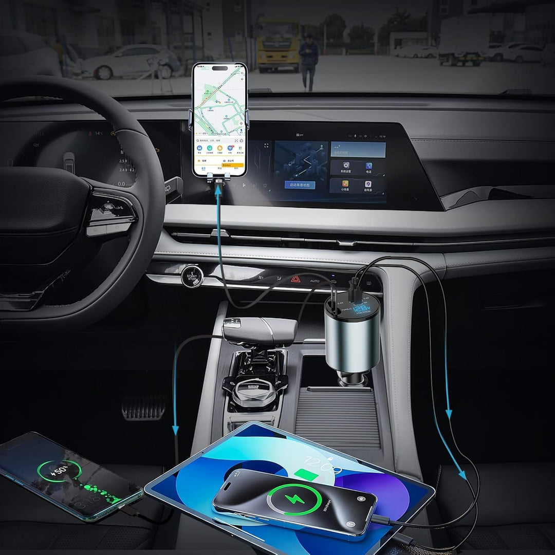 Auto Ladegerät Zigarettenanzünder USB C 4 in 1 56W - KFZ Ladegerät mit 2 einziehbaren Kabeln(Type C,