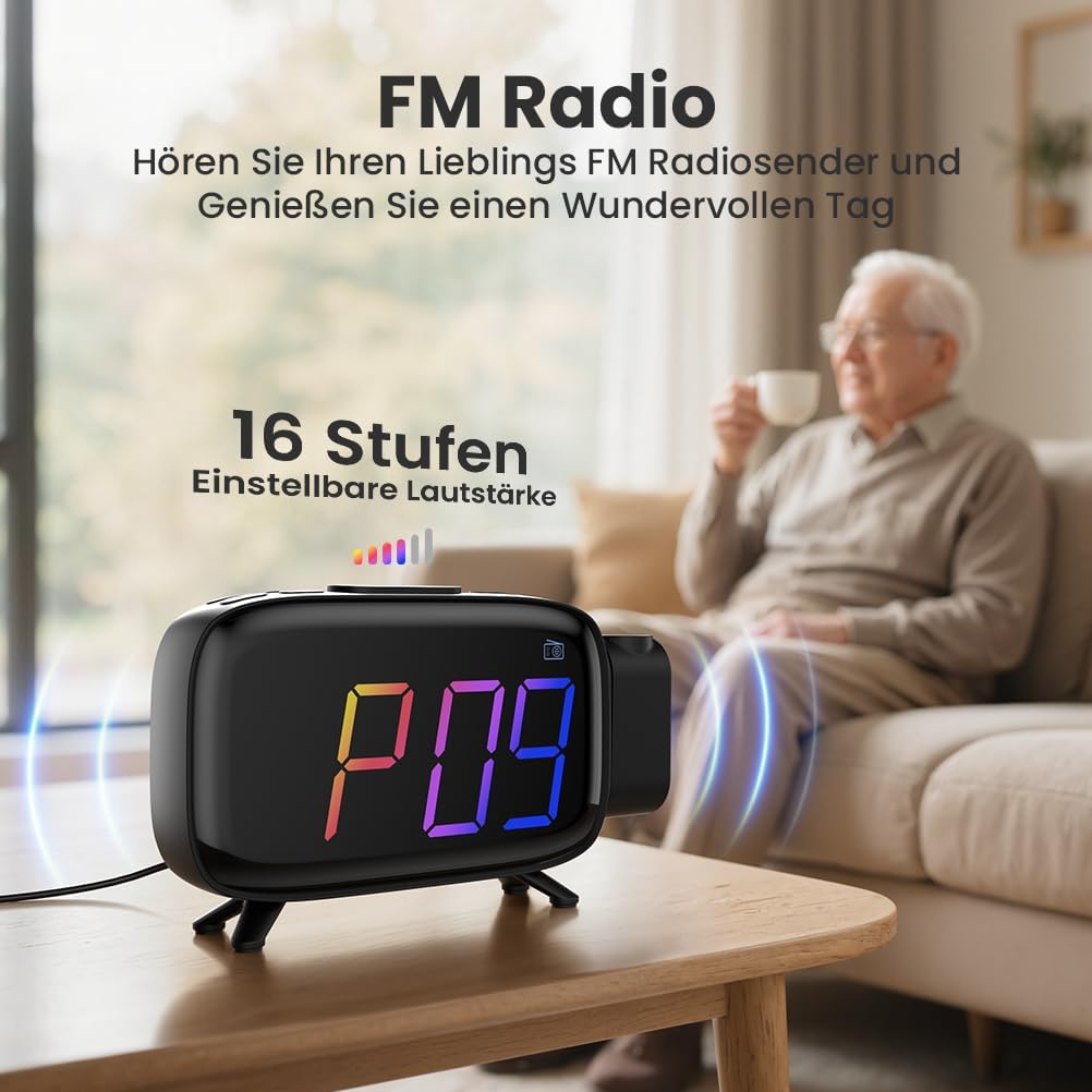 ELEHOT-Store Radiowecker mit projektion,180°Projektionswecker,12/24H Wecker Digital Snooze Funktion,