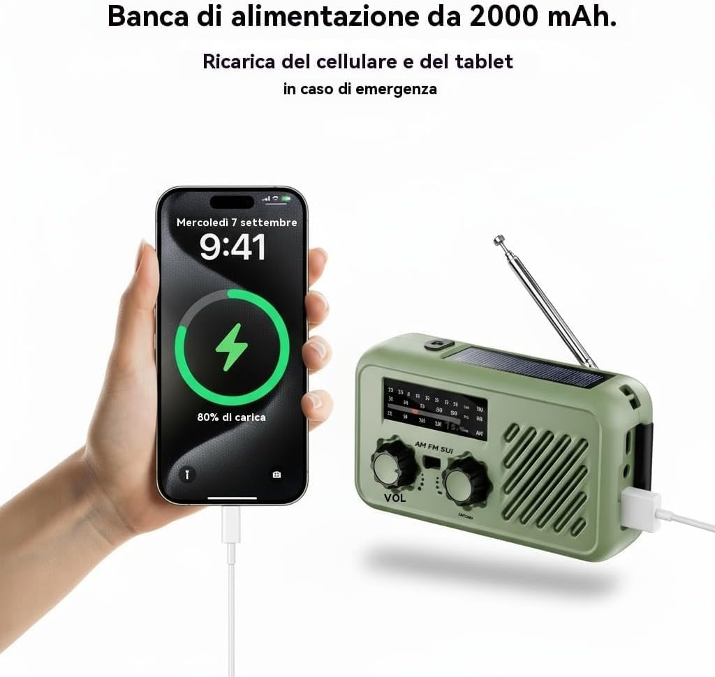 Notfall Radio, 3-Wege-Ladung (Solar, Kurbel, USB-C) Powerbank, 2000mAh Akku, AM/FM Radio, SOS, LED-T