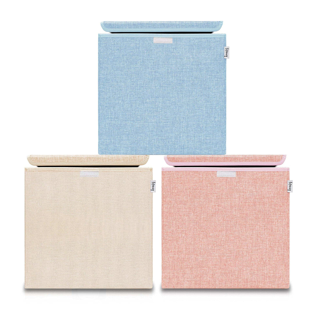 LIFENEY Aufbewahrungsbox mit Deckel im 3er Set Beige, Rosa und Blau I Dreierpack Spielzeugbox passen