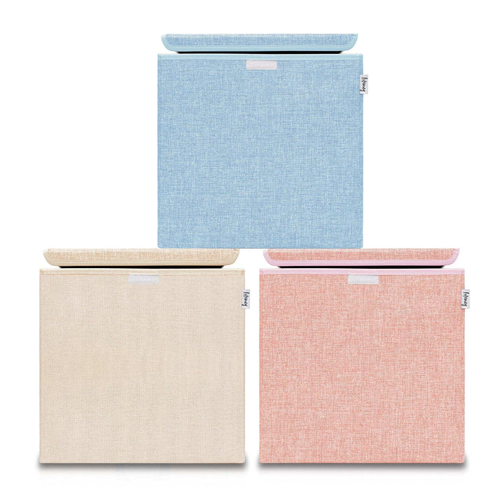 LIFENEY Aufbewahrungsbox mit Deckel im 3er Set Beige, Rosa und Blau I Dreierpack Spielzeugbox passen