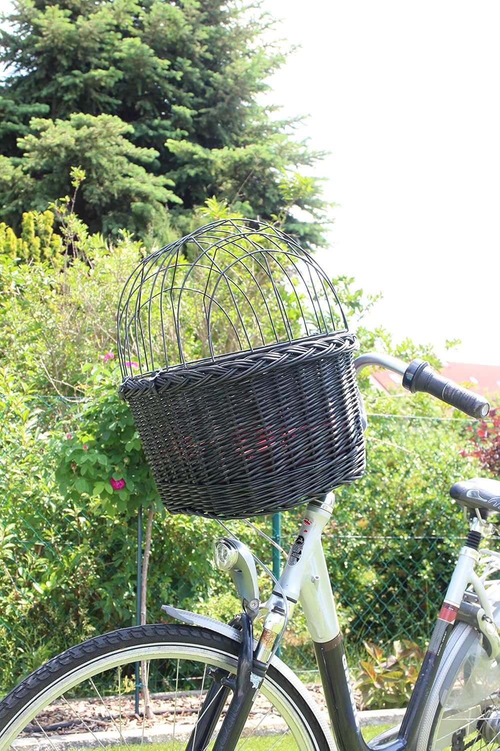 Hundefahrradkorb für Fahrradlenker aus Weide mit Metallgitter und Kissen in Schwarz Lenkrad Weidenko